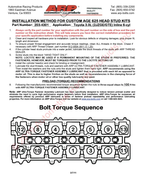 Toyota Supra MK4 JZA80 2JZ 93-98 ARP Custom Age 625+ Head Stud Kit
