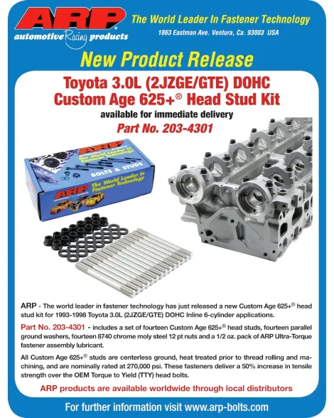 Toyota Supra MK4 JZA80 2JZ 93-98 ARP Custom Age 625+ Head Stud Kit