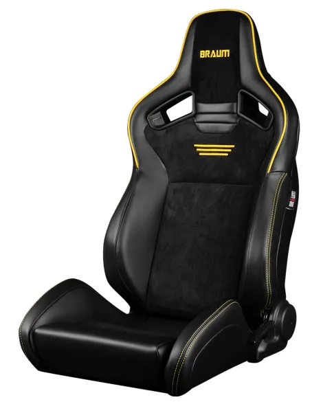 BRAUM Racing Seats Elite V2 Series Sport Seats Black Leatherette |Black Suede | Yellow Piping Pair