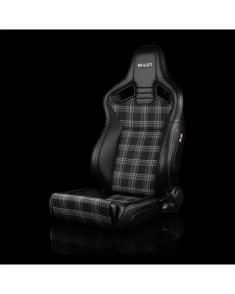 BRAUM Racing Seats Elite V2 Series Sport Seats Black Leatherette & Grey Plaid Fabric - Low Bolster Pair BRAUM Racing Seats Elite V2 Series Sport Seats Black Leatherette & Grey Plaid Fabric - Low Bolster Pair
