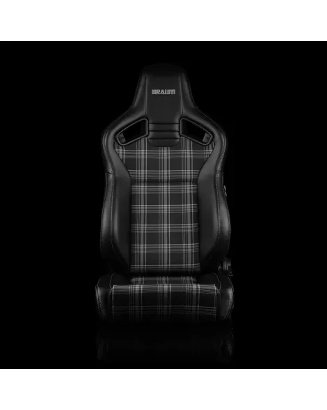 BRAUM Racing Seats Elite V2 Series Sport Seats Black Leatherette & Grey Plaid Fabric - Low Bolster Pair BRAUM Racing Seats Elite V2 Series Sport Seats Black Leatherette & Grey Plaid Fabric - Low Bolster Pair