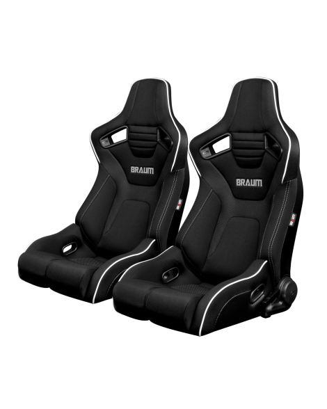 BRAUM Racing Seats Elite-R Series Sport Seats Black Polo Cloth (Grey Stitching / White Piping) Pair BRAUM Racing Seats Elite-R Series Sport Seats Black Polo Cloth (Grey Stitching / White Piping) Pair