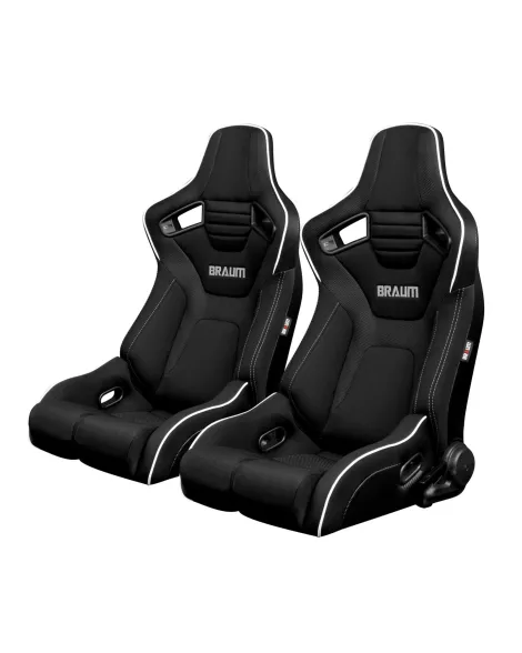 BRAUM Racing Seats Elite-R Series Sport Seats Black Polo Cloth (Grey Stitching / White Piping) Pair BRAUM Racing Seats Elite-R Series Sport Seats Black Polo Cloth (Grey Stitching / White Piping) Pair
