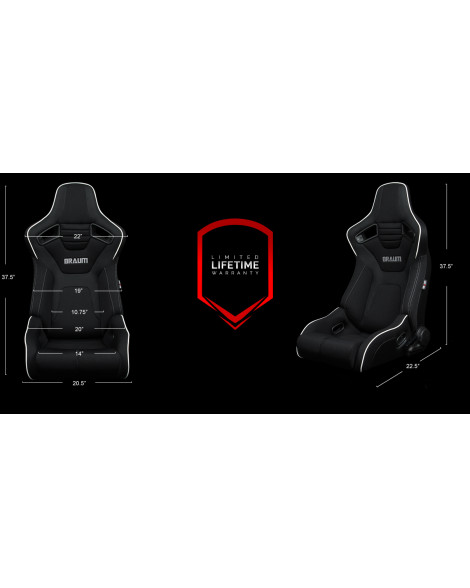BRAUM Racing Seats Elite-R Series Sport Seats Black Polo Cloth (Grey Stitching / White Piping) Pair BRAUM Racing Seats Elite-R Series Sport Seats Black Polo Cloth (Grey Stitching / White Piping) Pair