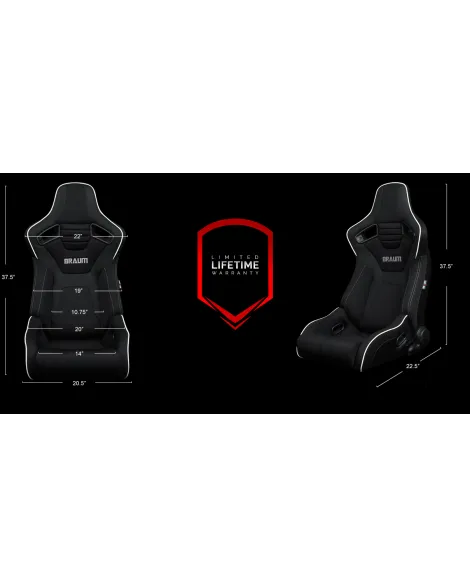 BRAUM Racing Seats Elite-R Series Sport Seats Black Polo Cloth (Grey Stitching / White Piping) Pair BRAUM Racing Seats Elite-R Series Sport Seats Black Polo Cloth (Grey Stitching / White Piping) Pair