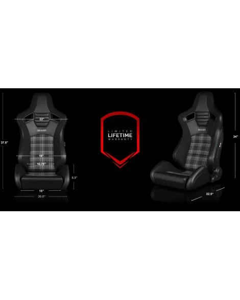 BRAUM Racing Seats Elite-S Series Sport Seats Black & Grey Plaid Fabric Pair BRAUM Racing Seats Elite-S Series Sport Seats Black & Grey Plaid Fabric Pair