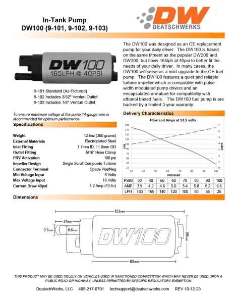 Mazda MX-5 NA MK1 89-93 DeatschWerks DW100 165ph in-tank fuel pump w/ install kit Mazda MX-5 NA MK1 89-93 DeatschWerks DW100 165ph in-tank fuel pump w/ install kit