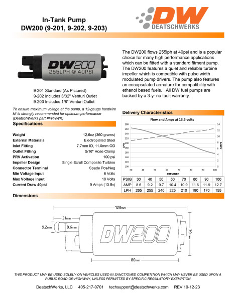 Honda Civic 92-00 / Integra 94-01 DeatschWerks DW200 255lph in-tank fuel pump w/ install kit