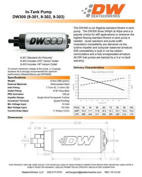 Nissan R32/R33/R34 GTR Skyline / 300ZX Z32 DeatschWerks DW300 340lph in-tank fuel pump w/ install kit