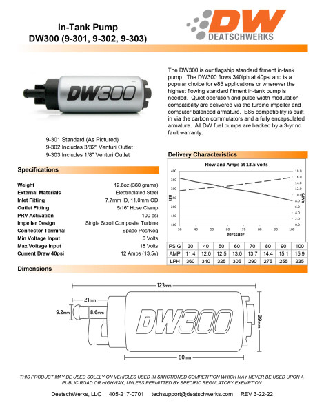 BMW E36 / E46 Incl M3 DeatschWerks DW300 340lph in-tank fuel pump w/ install kit BMW E36 / E46 Incl M3 DeatschWerks DW300 340lph in-tank fuel pump w/ install kit