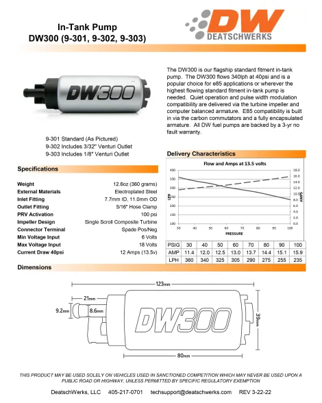 BMW E36 / E46 Incl M3 DeatschWerks DW300 340lph in-tank fuel pump w/ install kit BMW E36 / E46 Incl M3 DeatschWerks DW300 340lph in-tank fuel pump w/ install kit