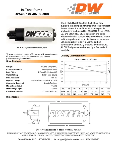 VW Golf MK7/MK7.5 Inc R & GTI DeatschWerks DW300C 340lph compact fuel pump w/ install kit VW Golf MK7/MK7.5 Inc R & GTI DeatschWerks DW300C 340lph compact fuel pump w/ install kit
