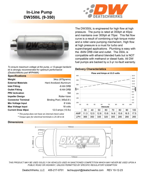 DeatschWerks DW350iL 350lph in-line external fuel pump DeatschWerks DW350iL 350lph in-line external fuel pump