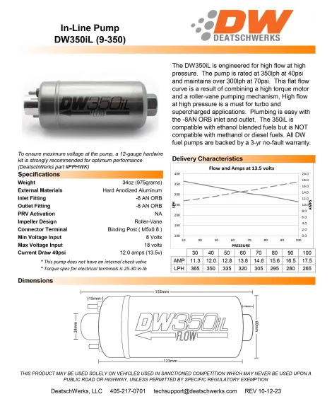 DeatschWerks DW350iL 350lph in-line external fuel pump DeatschWerks DW350iL 350lph in-line external fuel pump
