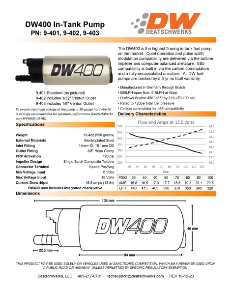Mazda MX-5 NA MK1 89-93 DeatschWerks DW400 415lph in-tank fuel pump w/ install kit Mazda MX-5 NA MK1 89-93 DeatschWerks DW400 415lph in-tank fuel pump w/ install kit