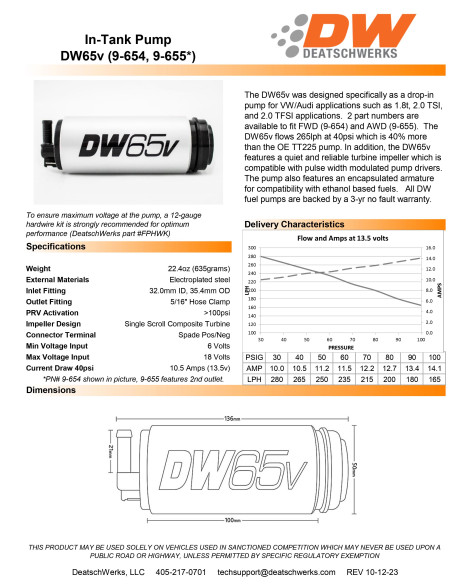 Mini Cooper S R53 R56 Incl JCW GP DeatschWerks DW65v 265lph In-Tank Fuel Pump Kit Mini Cooper S R53 R56 Incl JCW GP DeatschWerks DW65v 265lph In-Tank Fuel Pump Kit