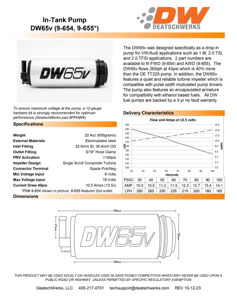 VW Golf Inc GTI MK4/5/6 FWD 1999-2012 DeatschWerks DW65v 265lph In-Tank Fuel Pump Kit VW Golf Inc GTI MK4/5/6 FWD 1999-2012 DeatschWerks DW65v 265lph In-Tank Fuel Pump Kit