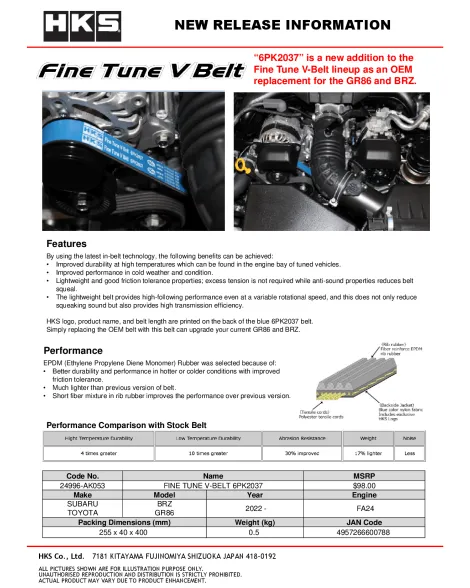 Toyota GR86 / Subaru BRZ 22+ HKS Fine Tune V-Belt Fan / AUX Belt Toyota GR86 / Subaru BRZ 22+ HKS Fine Tune V-Belt Fan / AUX Belt