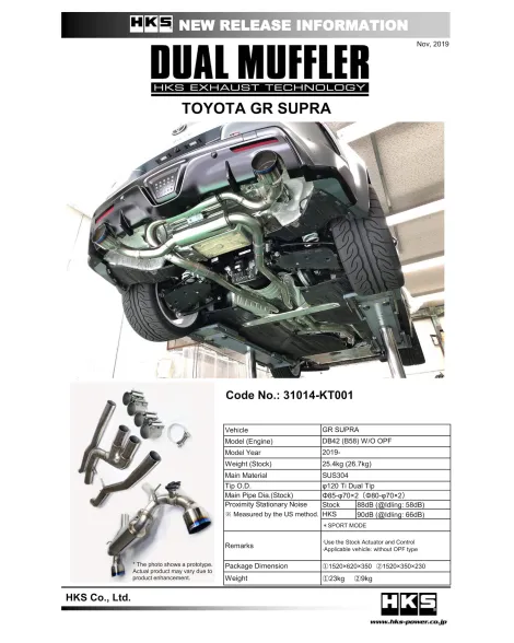 Toyota Supra GR MK5 DB42 19- W/O OPF HKS Dual Muffler Cat-Back Exhaust Toyota Supra GR MK5 DB42 19- W/O OPF HKS Dual Muffler Cat-Back Exhaust