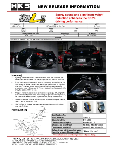 Toyota GR86 / Subaru BRZ 2022+ HKS Hi-Power SPEC-L II Cat-Back Exhaust Toyota GR86 / Subaru BRZ 2022+ HKS Hi-Power SPEC-L II Cat-Back Exhaust