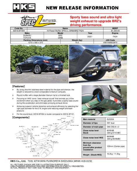 Toyota GR86 / Subaru BRZ 2022+ HKS Hi-Power SPEC-L Cat-Back Exhaust Toyota GR86 / Subaru BRZ 2022+ HKS Hi-Power SPEC-L Cat-Back Exhaust