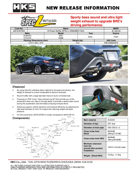 Toyota GR86 / Subaru BRZ 2022+ HKS Hi-Power SPEC-L Cat-Back Exhaust Toyota GR86 / Subaru BRZ 2022+ HKS Hi-Power SPEC-L Cat-Back Exhaust