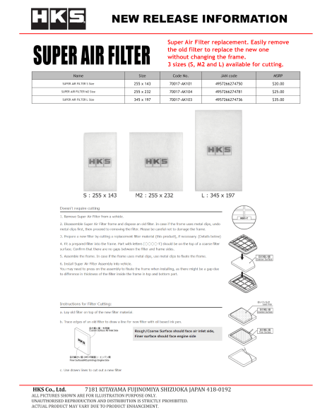 HKS Super Air Filter / Panel Filter Replacement S
