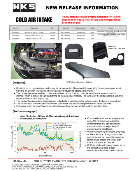 Subaru WRX/STI 2014-2021 VA HKS Cold Air Intake Full Kit Subaru WRX/STI 2014-2021 VA HKS Cold Air Intake Full Kit