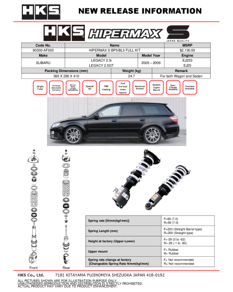 Subaru Legacy BP5/BL5 HKS Hipermax S Suspension Coilover Kit Subaru Legacy BP5/BL5 HKS Hipermax S Suspension Coilover Kit