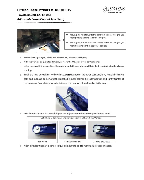 Toyota GT86 / GR86 / Subaru BRZ 2012+ SuperPro Rear Control Arm Kit TRC0015 Toyota GT86 / GR86 / Subaru BRZ 2012+ SuperPro Rear Control Arm Kit TRC0015