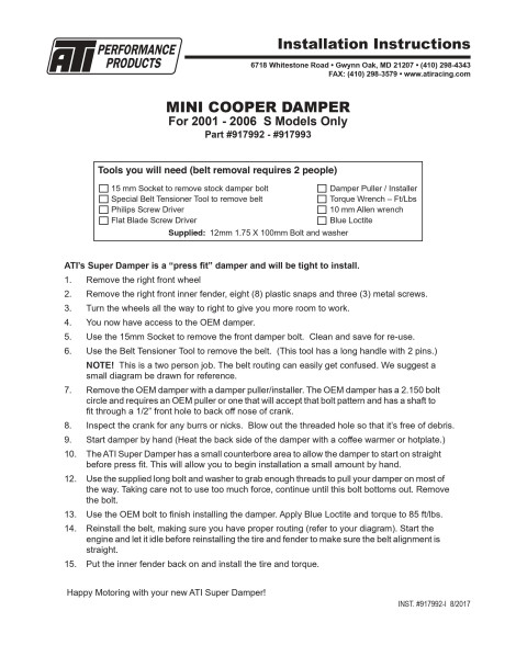 Mini Cooper S R53 2001-2006 ATI Super Damper 2% Dampened Crankshaft Pulley 917993 Mini Cooper S R53 2001-2006 ATI Super Damper 2% Dampened Crankshaft Pulley 917993