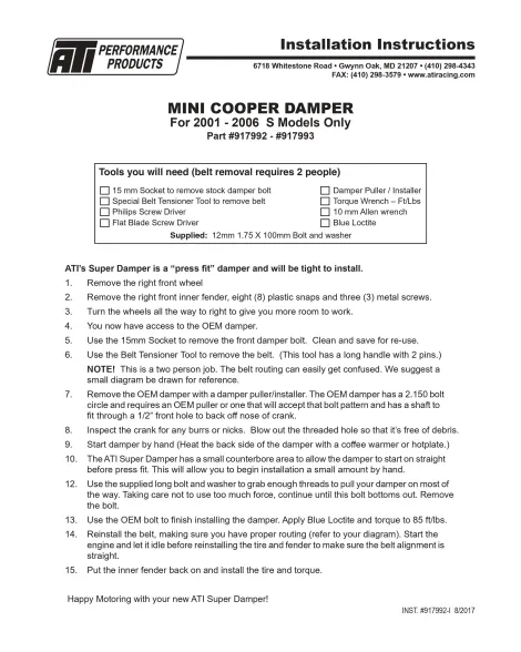 Mini Cooper S R53 2001-2006 ATI Super Damper 2% Dampened Crankshaft Pulley 917993 Mini Cooper S R53 2001-2006 ATI Super Damper 2% Dampened Crankshaft Pulley 917993