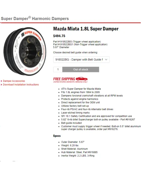 Mazda MX-5 MK2 NB 1.8L 94-05 ATI Super Damper 918522BG (Trigger wheel application) Mazda MX-5 MK2 NB 1.8L 94-05 ATI Super Damper 918522BG (Trigger wheel application)