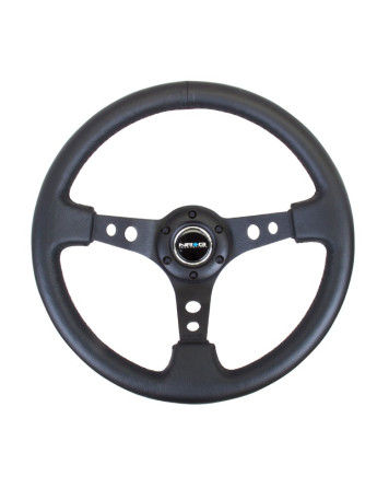 NRG Black Leather w/Black Spokes & Circle Cutouts Deep Dish Steering Wheel 350mm