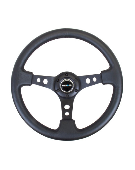 NRG Black Leather w/Black Spokes & Circle Cutouts Deep Dish Steering Wheel 350mm NRG Black Leather w/Black Spokes & Circle Cutouts Deep Dish Steering Wheel 350mm
