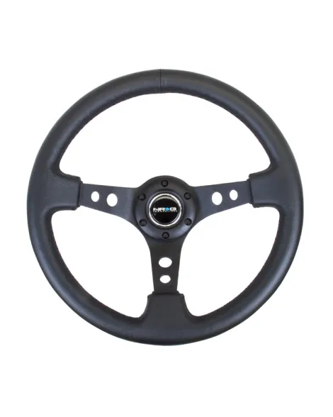 NRG Black Leather w/Black Spokes & Circle Cutouts Deep Dish Steering Wheel 350mm NRG Black Leather w/Black Spokes & Circle Cutouts Deep Dish Steering Wheel 350mm