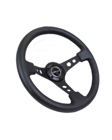 NRG Black Leather w/Black Spokes & Circle Cutouts Deep Dish Steering Wheel 350mm NRG Black Leather w/Black Spokes & Circle Cutouts Deep Dish Steering Wheel 350mm