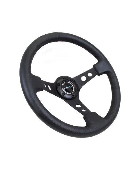 NRG Black Leather w/Black Spokes & Circle Cutouts Deep Dish Steering Wheel 350mm NRG Black Leather w/Black Spokes & Circle Cutouts Deep Dish Steering Wheel 350mm