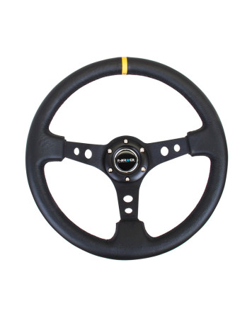 NRG Black Leather w/Black Spokes, Circle Cutouts & Yellow Centre Mark Deep Dish Steering Wheel 350mm