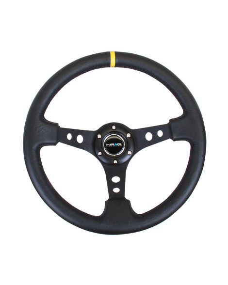 NRG Black Leather w/Black Spokes, Circle Cutouts & Yellow Centre Mark Deep Dish Steering Wheel 350mm NRG Black Leather w/Black Spokes, Circle Cutouts & Yellow Centre Mark Deep Dish Steering Wheel 350mm