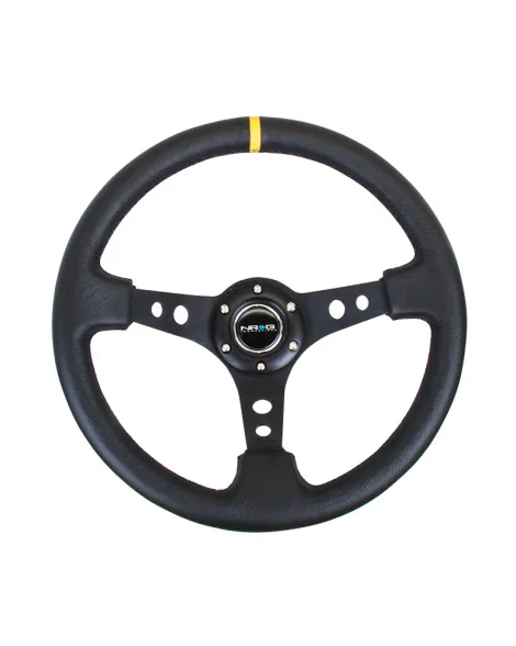 NRG Black Leather w/Black Spokes, Circle Cutouts & Yellow Centre Mark Deep Dish Steering Wheel 350mm NRG Black Leather w/Black Spokes, Circle Cutouts & Yellow Centre Mark Deep Dish Steering Wheel 350mm