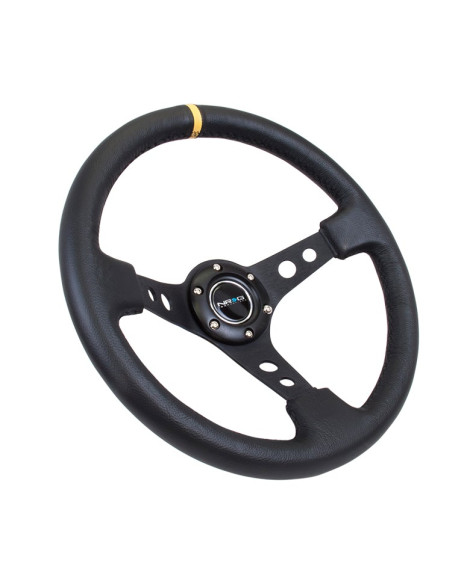 NRG Black Leather w/Black Spokes, Circle Cutouts & Yellow Centre Mark Deep Dish Steering Wheel 350mm NRG Black Leather w/Black Spokes, Circle Cutouts & Yellow Centre Mark Deep Dish Steering Wheel 350mm
