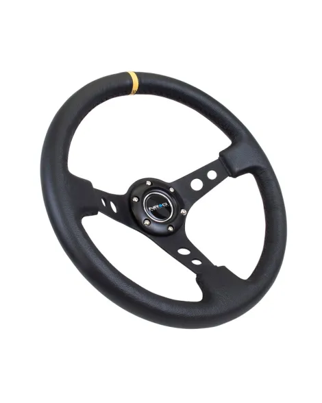 NRG Black Leather w/Black Spokes, Circle Cutouts & Yellow Centre Mark Deep Dish Steering Wheel 350mm NRG Black Leather w/Black Spokes, Circle Cutouts & Yellow Centre Mark Deep Dish Steering Wheel 350mm
