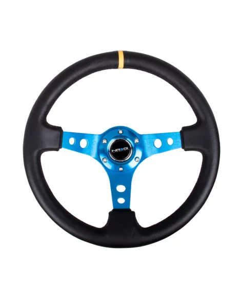 NRG Black Leather w/Blue Spokes, Circle Cutouts & Yellow Centre Mark Deep Dish Steering Wheel 350mm NRG Black Leather w/Blue Spokes, Circle Cutouts & Yellow Centre Mark Deep Dish Steering Wheel 350mm
