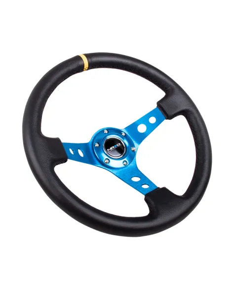 NRG Black Leather w/Blue Spokes, Circle Cutouts & Yellow Centre Mark Deep Dish Steering Wheel 350mm NRG Black Leather w/Blue Spokes, Circle Cutouts & Yellow Centre Mark Deep Dish Steering Wheel 350mm