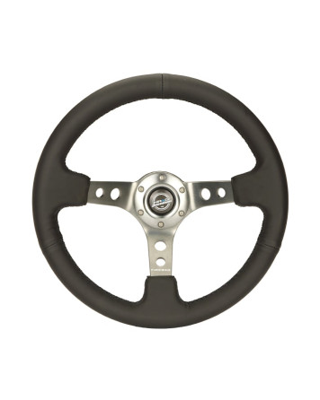 NRG Black Leather w/Gunmetal Spokes & Circle Cutouts Deep Dish Steering Wheel 350mm