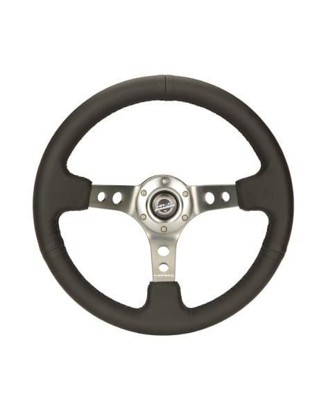 NRG Black Leather w/Gunmetal Spokes & Circle Cutouts Deep Dish Steering Wheel 350mm NRG Black Leather w/Gunmetal Spokes & Circle Cutouts Deep Dish Steering Wheel 350mm