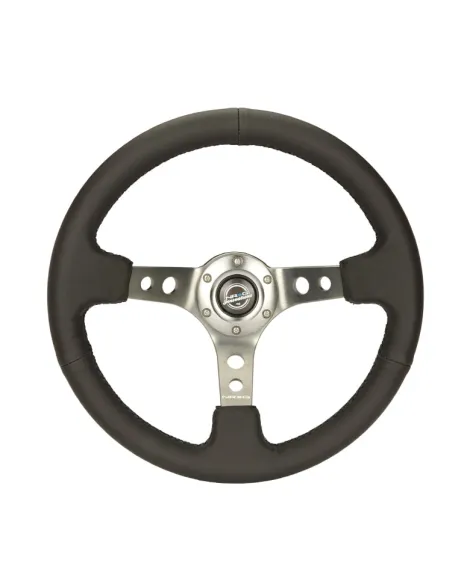 NRG Black Leather w/Gunmetal Spokes & Circle Cutouts Deep Dish Steering Wheel 350mm NRG Black Leather w/Gunmetal Spokes & Circle Cutouts Deep Dish Steering Wheel 350mm