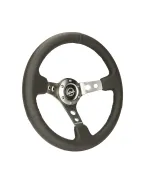 NRG Black Leather w/Gunmetal Spokes & Circle Cutouts Deep Dish Steering Wheel 350mm NRG Black Leather w/Gunmetal Spokes & Circle Cutouts Deep Dish Steering Wheel 350mm