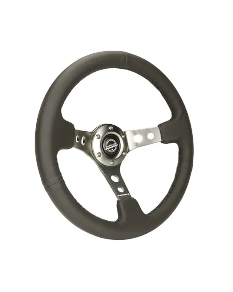 NRG Black Leather w/Gunmetal Spokes & Circle Cutouts Deep Dish Steering Wheel 350mm NRG Black Leather w/Gunmetal Spokes & Circle Cutouts Deep Dish Steering Wheel 350mm